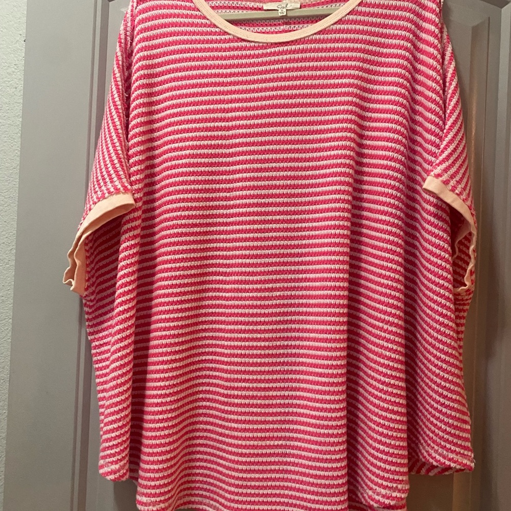 NWOT Easel Pink and White Striped Knit Top with Peach Trim
